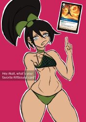  absurdres akali_(league_of_legends) black_hair card dialogue english_text female_only femsub league_of_legends mel_medarda midriff navel plesleps ponytail sideboob simple_background small_breasts spiral_eyes text thighs underwear 