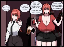  age_progression before_and_after border braid breast_expansion breasts chainsaw_man cleavage clothed collar dialogue english_text erect_nipples erect_nipples_under_clothes eyebrows_visible_through_hair femsub garter_straps growth huge_breasts hypnotic_food hypnotized_dom makima_(chainsaw_man) milf nipples oieshi pants red_hair ring_eyes saint_andrew's_cross shirt short_skirt signature skirt speech_bubble text thigh_gap thighs tie transformation wink yellow_eyes 