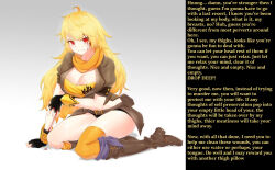 blonde_hair blood boots breasts caption femdom gloves large_breasts long_hair looking_at_viewer pov pov_sub red_eyes rwby short_shorts text the_scrublord_(manipper) wounds yang_xiao_long
