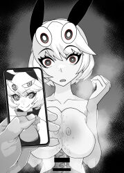  animal_ears bangs belu breasts cell_phone censored collarbone debby_the_corsifa debby_the_corsifa_is_emulous empty_eyes expressionless eyebrows_visible_through_hair femsub fingerless_gloves gloves glowing_eyes greyscale large_breasts looking_at_viewer male_pov maledom multiple_eyes nipples open_mouth opera_gloves paizuri penis phone pov pov_dom short_hair tech_control veins 