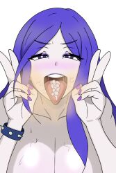  black_eyes blue_hair bracelet cum_in_mouth eyeshadow fairy_tail female_only femsub grey_skin happy_trance heart_eyes juvia_loxar kei large_breasts long_hair nail_polish open_mouth rock_of_succubus simple_background smile solo tongue tongue_out v very_long_hair white_background 