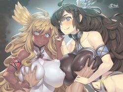  angel angel_girl animated animated_eyes_only animated_gif blonde_hair breasts brown_hair cleavage curly_hair dark_skin erect_nipples evil_smile fangs femdom glowing glowing_eyes granblue_fantasy halluel_(granblue_fantasy) hypnosoul_(manipper) hypnotic_eyes large_breasts leotard long_hair male_pov malluel_(granblue_fantasy) manip multiple_girls nipples obui open_mouth pov pov_sub smile spiral_eyes symbol_in_eyes tongue tongue_out 