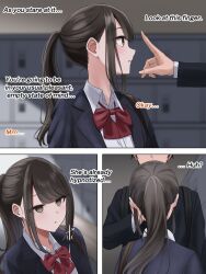  blush bow brown_eyes brown_hair comic consensual dialogue empty_eyes expressionless femsub hard_translated maledom open_mouth original ponytail school_uniform standing text translated utsuro_butai 