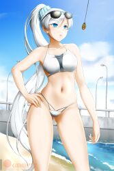 bikini blue_eyes coin dazed empty_eyes female_only femsub hand_on_hip icontrol_(manipper) kimmy77 long_hair manip navel open_mouth pendulum ponytail rwby solo sunglasses swimsuit water weiss_schnee white_hair