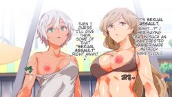 altered_common_sense bare_shoulders blue_eyes breasts brown_hair collarbone comic female_only femsub hard_translated indifference_pool indifferent long_hair looking_at_viewer maledom nyuu_(manekin-eko) nyuu_koubou open_mouth original short_hair small_breasts text topless translated white_hair
