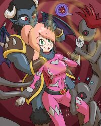 black_hair chin_hold demon_boy empty_eyes femsub green_eyes hand_on_head horns mythkaz original pink_hair power_rangers red_eyes restrained tagme wings