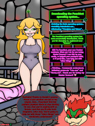  a_little_worm antenna blonde_hair bowser fembot green_eyes horns long_hair navel nintendo princess_peach red_hair robotization super_mario_bros. tagme tech_control text 