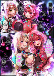  breast_press cleavage corruption empty_eyes female_only femsub heart_eyes holding_hands hyoui_lover large_breasts multiple_subs mythra_(xenoblade) nintendo possession purple_eyes pyra_(xenoblade) xenoblade_chronicles xenoblade_chronicles_2 
