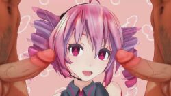 3d ahoge drill_hair empty_eyes femsub group_sex happy_trance looking_at_viewer maledom microphone multiple_boys multiple_penises open_mouth penis pink_hair pubic_hair red_eyes smile teto_kasane threesome twintails unaware veins vocaloid