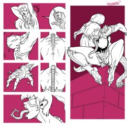  anya_corazon before_and_after breast_expansion breasts comic doomington femsub living_costume long_tongue marvel_comics monochrome monster_girl nightmare_fuel parasite spider-girl spider-man_(series) super_hero torn_clothes transformation 