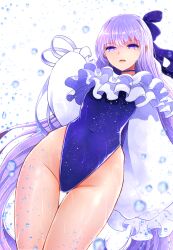  arano_oki before_and_after breasts choker fate/extra_ccc fate/grand_order fate_(series) female_only hair_ribbon large_hips meltryllis navel one-piece_swimsuit open_mouth purple_eyes purple_hair ribbon simple_background small_breasts solo swimsuit thigh_gap thighs wet wet_clothes 
