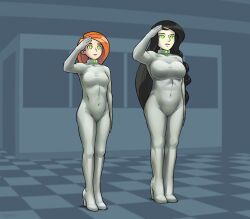  black_hair blue_background bodysuit breasts clothed collar dronification expressionless female_only femsub glowing glowing_eyes graybot green_eyes high_heels kim_possible kim_possible_(series) large_breasts legs long_hair multiple_girls multiple_subs orange_hair red_hair saluting shego size_difference sleepymaid standing standing_at_attention tech_control very_long_hair 