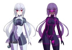  alternate_hair_color barcode batta18th before_and_after belt bodysuit collar corruption crotch_tattoo femsub fuyuki_hakase garter gloves glowing grey_hair hair_ornament happy_trance leotard navel opera_gloves red_eyes simple_background tan_skin tech_control twintails visor white_background 