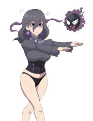 bare_legs black_hair breasts dazed deepwater drool earrings expressionless femsub gastly ghost hex_maniac panties pokemon pokemon_legends_z-a simple_background spiral_eyes white_background zombie_walk