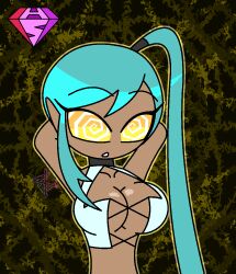  androgynous_dom arms_above_head bare_shoulders cleavage code_geass collarbone dark_skin expressionless eyebrows_visible_through_hair eyelashes femsub green_hair hypnoscream large_breasts midriff pov_dom shiny_hair shiny_skin side_ponytail simple_background solo spiralwash_eyes swimsuit tied_hair villetta_nu yellow_background yellow_eyes 