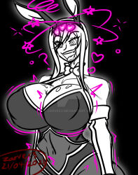  bow_tie brain_drain breasts bunny_ears bunny_girl bunnysuit drool erza_scarlet fairy_tail fake_animal_ears femsub greyscale hair_covering_one_eye hairband happy_trance huge_breasts jewelry large_hips long_hair midriff open_mouth ring_eyes see-through smile standing standing_at_attention zarvex3 