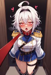 ahegao ahoge ai_art belt blush boots breath collar dazed drool epaulettes female_only femsub gloves headband heart jinio_(generator) leaning_forward leash messy_hair military_uniform open_mouth original panting pet_play pov pov_dom red_eyes short_hair skirt solo sweat thighs tongue white_hair