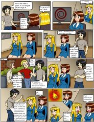  bell black_hair border brown_hair carlosfco comic dialogue english_text engrish femsub hypnotic_screen large_breasts long_hair maledom original short_hair speech_bubble spiral_eyes text 