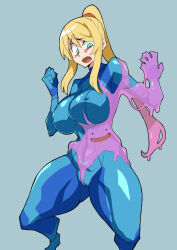  2946uc assimilation blue_eyes bodysuit breasts ditto erect_nipples_under_clothes huge_breasts metroid_(series) nintendo open_mouth pokemon pokemon_(creature) ponytail samus_aran thick_thighs zero_suit 