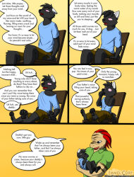  age_regression blue_eyes comic dazed furry glasses hypnotic_eyes immelmann immelmann_(immelmann) kaa_eyes lizard_boy male_only maledom malesub open_mouth original ruined_life simple_background sitting text wholesome wolf_boy yaoi 