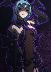 ahoge aoi_tabane aura bangs bare_shoulders blue_hair blush breasts collar crotch_tattoo dead_source empty_eyes femsub garter_straps gloves glowing happy_trance leotard looking_at_viewer navel opera_gloves purple_eyes see-through short_hair smile succubus tail wings