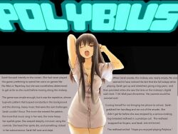 arcade_game bottomless breasts brown_eyes brown_hair caption cleavage creepypasta dazed femdom femsub large_breasts long_hair manip open_clothes open_mouth polybius simple_background subliminal tech_control text thespoon_(manipper) unaware video_game videogamemindcontrol
