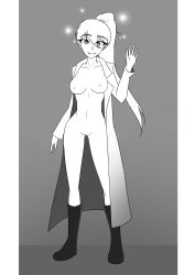  absurdres anna_(daehy) boots breasts clothed_exposure dazed female_only femsub greyscale happy_trance lab_coat nexus_light original ponytail possession standing unaware 