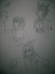  ahoge breasts bunny_ears bunny_girl bunnysuit cleavage closed_eyes crossover cygames drool faceless faceless_male femsub fuji_kiseki greyscale ijiranaide_nagatoro-san jujutsu_kaisen monochrome sana_sunomiya sketch uma_musume utahime_iori zombie zombie_walk 