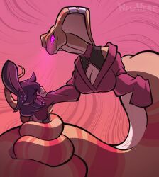  black_hair bunny_boy bunny_ears chin_hold cleavage cleavage_cutout closed_eyes clothed coils dazed femdom furry glowing_eyes happy_trance heterosexual hypnotic_eyes large_breasts malesub naga_girl nowhere original pink_background pink_eyes purple_eyes restrained ring_eyes short_hair simple_background smile snake snake_girl woot_(woot) 