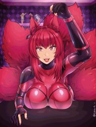  accidental_hypnosis animated animated_gif anno_(anno) bodysuit breasts cleavage collar crystal drool empty_eyes eshie female_only femsub fox_ears fox_girl fox_tail huge_breasts kitsune_girl large_breasts latex long_hair open_mouth original red_eyes red_hair self_hypnosis smile text 