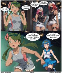  ai_art blue_hair dark_skin devianbar dialogue green_hair lana_(pokemon) long_hair mallow_(pokemon) nintendo pokemon short_hair team_skull team_skull_grunt text 