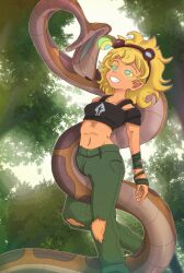  blonde_hair clothed coils complex_background crossover disney femsub glowing_eyes happy_trance kaa kaa_eyes maledom midriff navel outdoors pants personification plants_vs._zombies smile snake solar_flare the_jungle_book theroflcer torn_clothes 
