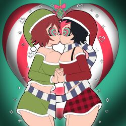 female_only femsub heart_eyes kim_pine kissing knives_chau mistletoe multiple_subs ring_eyes santa_hat scarf scott_pilgrim_(series) tagme zombi62