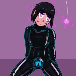  black_hair blush bodysuit bulge coin expressionless eyebrows_visible_through_hair female_only femsub glowing good_sub_conditioning iris_azure kneeling latex magic null_bulge original pendulum purple_background purple_eyes short_hair simple_background sitting solo spiral_eyes tight_clothing trance_delightful transfem transgender_identity 