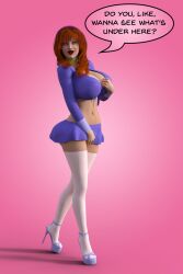 3d alternate_costume bimbofication breast_grab breasts daphne_blake dialogue female_only femsub happy_trance high_heels huge_breasts large_breasts orange_hair pink_eyes scooby-doo_(series) solo text theheckle