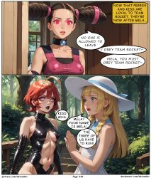  ai_art blonde_hair brown_hair devianbar dialogue empty_eyes femsub happy_trance kidd_summers large_breasts latex lillie_(pokemon) long_hair mela_(pokemon) nintendo pokemon red_hair short_hair team_hypno team_rocket text 