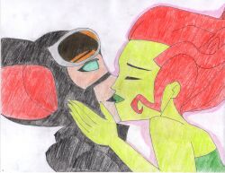 absurdres batman_(series) black_lipstick catwoman empty_eyes female_only femdom femsub goggles green_eyes green_lipstick green_skin hand_on_another&#039;s_cheek hypnotic_kiss kissing poison_ivy red_hair traditional 