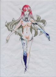 barefoot bottomless brown_hair class-change collar corruption elf_ears empty_eyes femsub long_hair multicolored_hair open_mouth original pink_hair topless traditional transformation