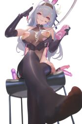  absurdres alternate_costume barcode bunny_ears bunny_girl bunnysuit clothed clothed_exposure collar corruption costume crossed_legs cum dildo earrings erect_nipples fake_animal_ears feet female_only femsub firefly_(honkai_star_rail) foot_focus gloves hair_ornament heart honkai_star_rail leash leotard licking_lips lipstick long_hair looking_at_viewer nipple_piercing nipples purple_eyes saluting see-through shu_zhi_ren simple_background sitting solo symbol talisman thighhighs vibrator white_background white_hair 