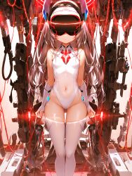  ai_art brown_hair cables corruption expressionless female_only femsub fingerless_gloves gloves glowing high_heels koimin4_(generator) leotard long_hair navel novelai_(ai) small_breasts solo standing tech_control thigh_boots thighhighs visor 