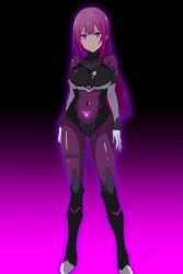  aura batta18th black_background bodysuit boots breasts cleavage crotch_tattoo empty_eyes expressionless female_only femsub garter gloves glowing glowing_eyes gradient_background high_heels long_hair looking_at_viewer navel opera_gloves original pink_eyes pink_hair purple_background rubber see-through signature solo standing tight_clothing 