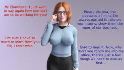  bimbofication blush comic femsub glasses large_breasts office_lady original red_hair text transformation ultspd 