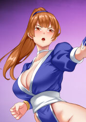 breasts brown_eyes brown_hair character_request cleavage gradient_background hadant kasumi_(dead_or_alive) ponytail