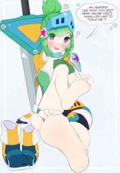  alternate_costume alternate_hair_color alternate_hairstyle azamuku_chan barefoot dialogue empty_eyes feet female_only femsub foot_focus green_hair happy_trance league_of_legends looking_at_viewer pov pov_dom purple_eyes riven_(league_of_legends) short_hair simple_background solo text white_background 
