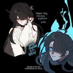 aura aware before_and_after black_background blue_eyes blush clothed dialogue dreamycakesss english_text eye_color_change femsub flame glowing_eyes grey_eyes hair_covering_one_eye heart koren_(dreamycakesss) long_hair maledom mole original possession renee_(dreamycakesss) shirt simple_background sole_(dreamycakesss) text