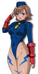  a_certain_scientific_railgun blush body_paint breasts brown_eyes brown_hair cameltoe capcom cosplay erect_nipples erect_nipples_under_clothes fingerless_gloves flower flower_in_hair frozen_gingasan gloves hair_ornament hat leotard looking_at_viewer mikoto_misaka open_mouth saluting shadaloo_dolls short_hair shoulder_pads simple_background standing standing_at_attention street_fighter tan_skin tie white_background wide_hips 