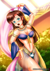 blush breasts brown_hair dancer dancing earrings empty_eyes female_only femsub hadant harem_outfit jewelry large_breasts long_hair midriff open_mouth ranma_1/2 signature solo ukyo_kuonji