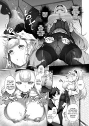 breasts cell_phone comic empty_eyes exposed_chest expressionless femsub fujimiya_sophia greyscale hard_translated heart heart_eyes huge_breasts lab_coat licking maledom monochrome open_mouth panties scientist skirt skirt_lift symbol_in_eyes tagme tawara_hiryuu tech_control text translated underwear white_hair