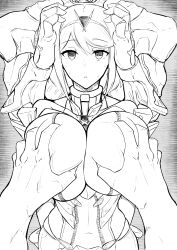  absurdres arms_behind_back breast_grab breasts confused crown empty_eyes femsub gatyo_5 greyscale groping hand_on_head huge_breasts jewelry large_hips maledom midriff monochrome multiple_boys nintendo open_mouth pyra_(xenoblade) short_hair sweat xenoblade_chronicles xenoblade_chronicles_2 