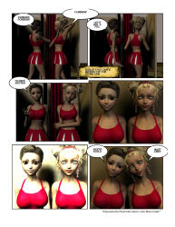  3d ass_grab blonde_hair breasts brown_hair cheerleader clothed comic dazed dialogue earrings english_text female_only femsub good_sub_conditioning headband hypnotic_light hypnovideo jewelry lipstick midriff miniskirt multiple_girls multiple_subs navel short_hair smile speech_bubble tank_top tech_control text 